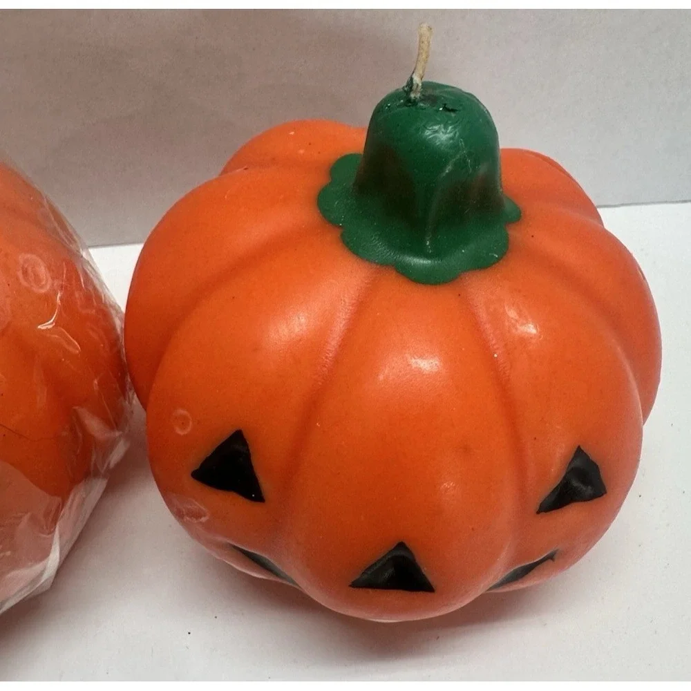 Pair Jack -O-Lantern Pumpkin Shaped Wax Halloween Candles NOS Orange